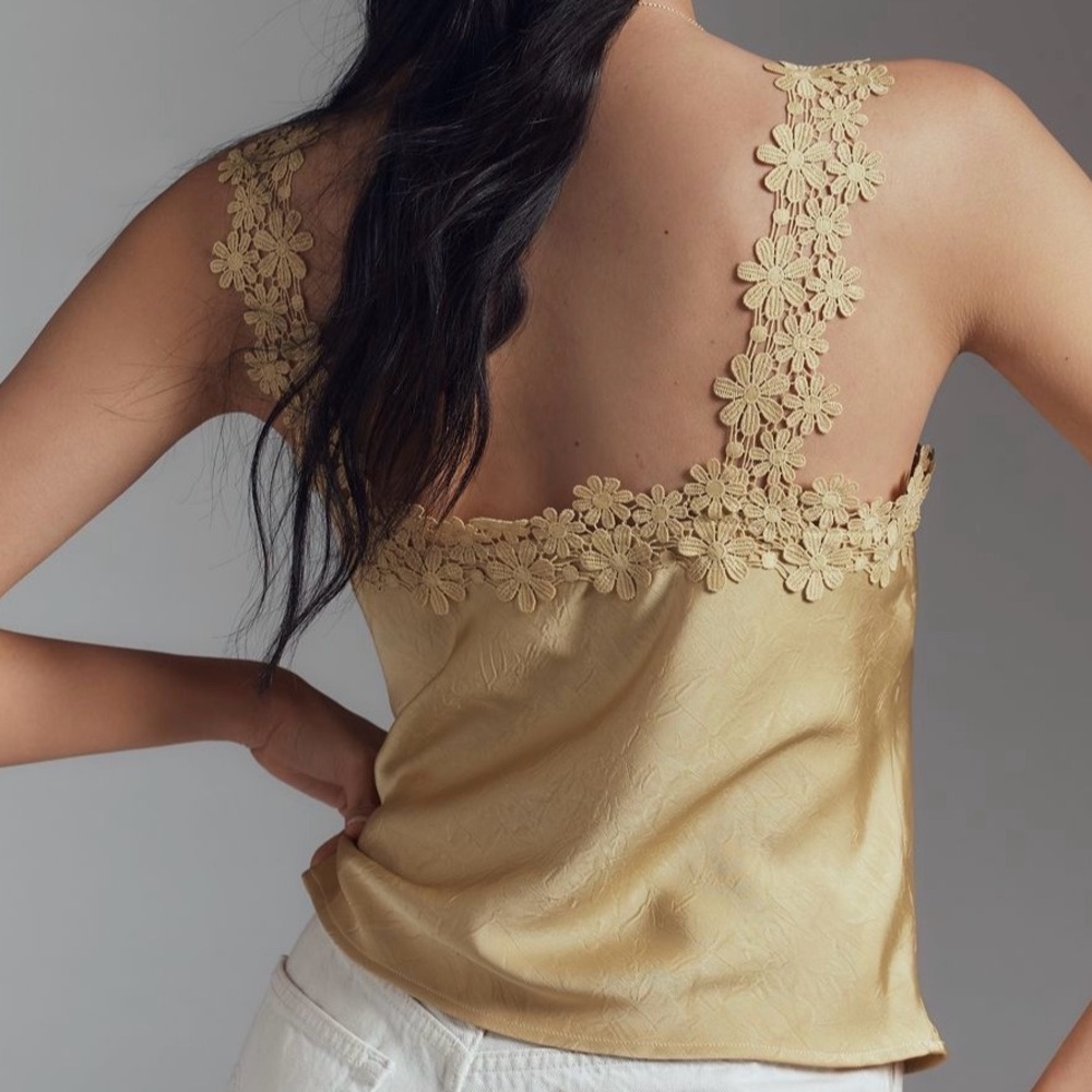 Anthropologie Blue Tassel Floral Lace Strap Yellow Women's Tank Top M Medium